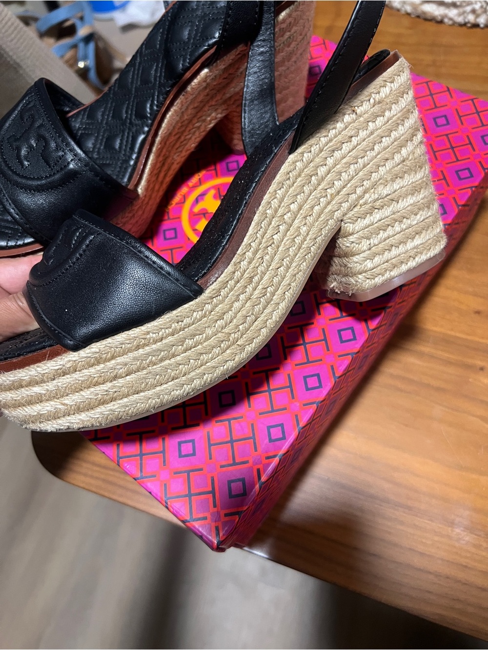 Tory Burch Black Quilted Leather Espadrille Wedge Sandals with Ankle Strap - Picture 3 of 5